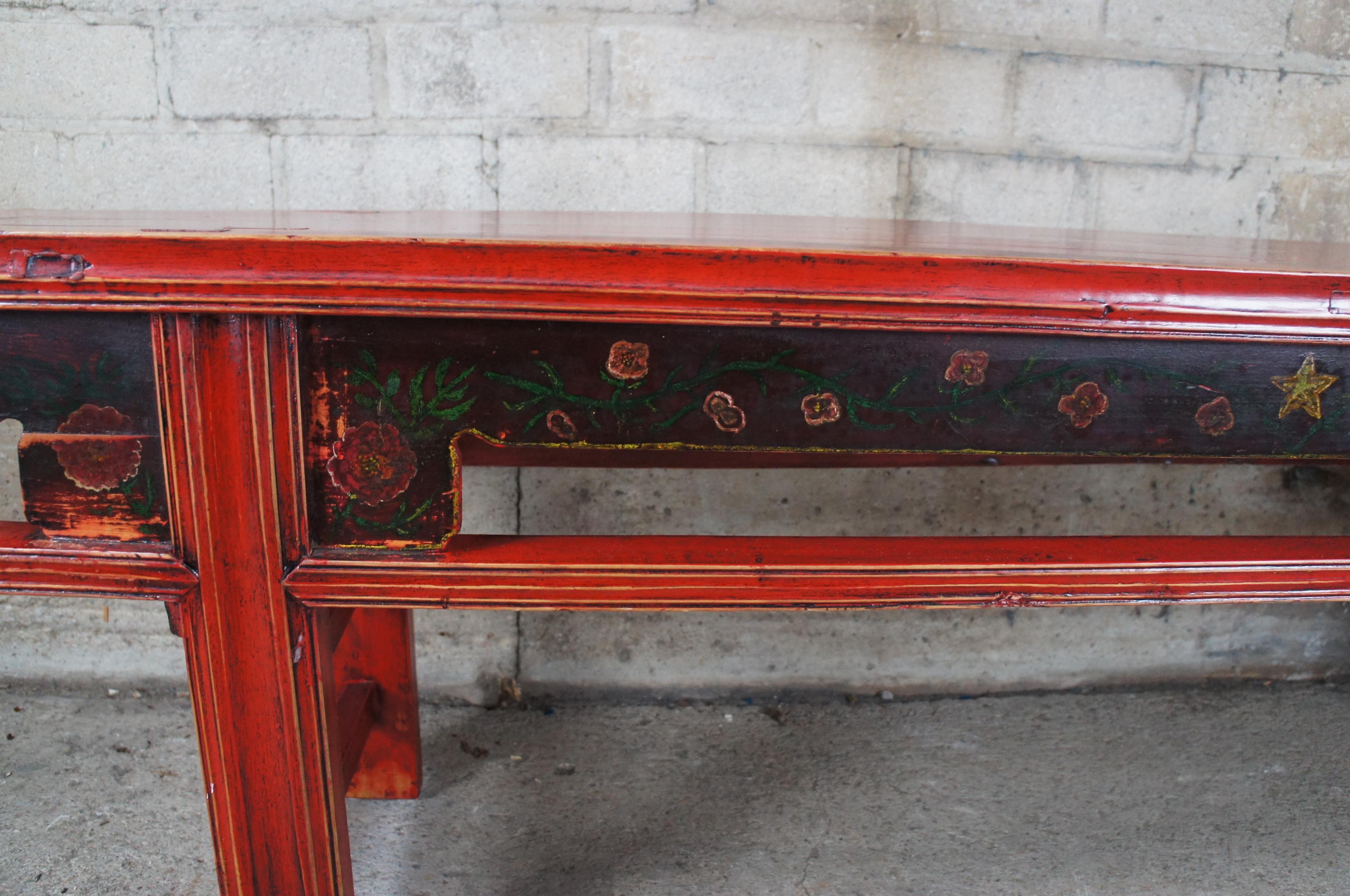 20th Century Chinese Elm Red Lacquer Chinoiserie Altar Hallway Bench Seat Pew For Sale 1