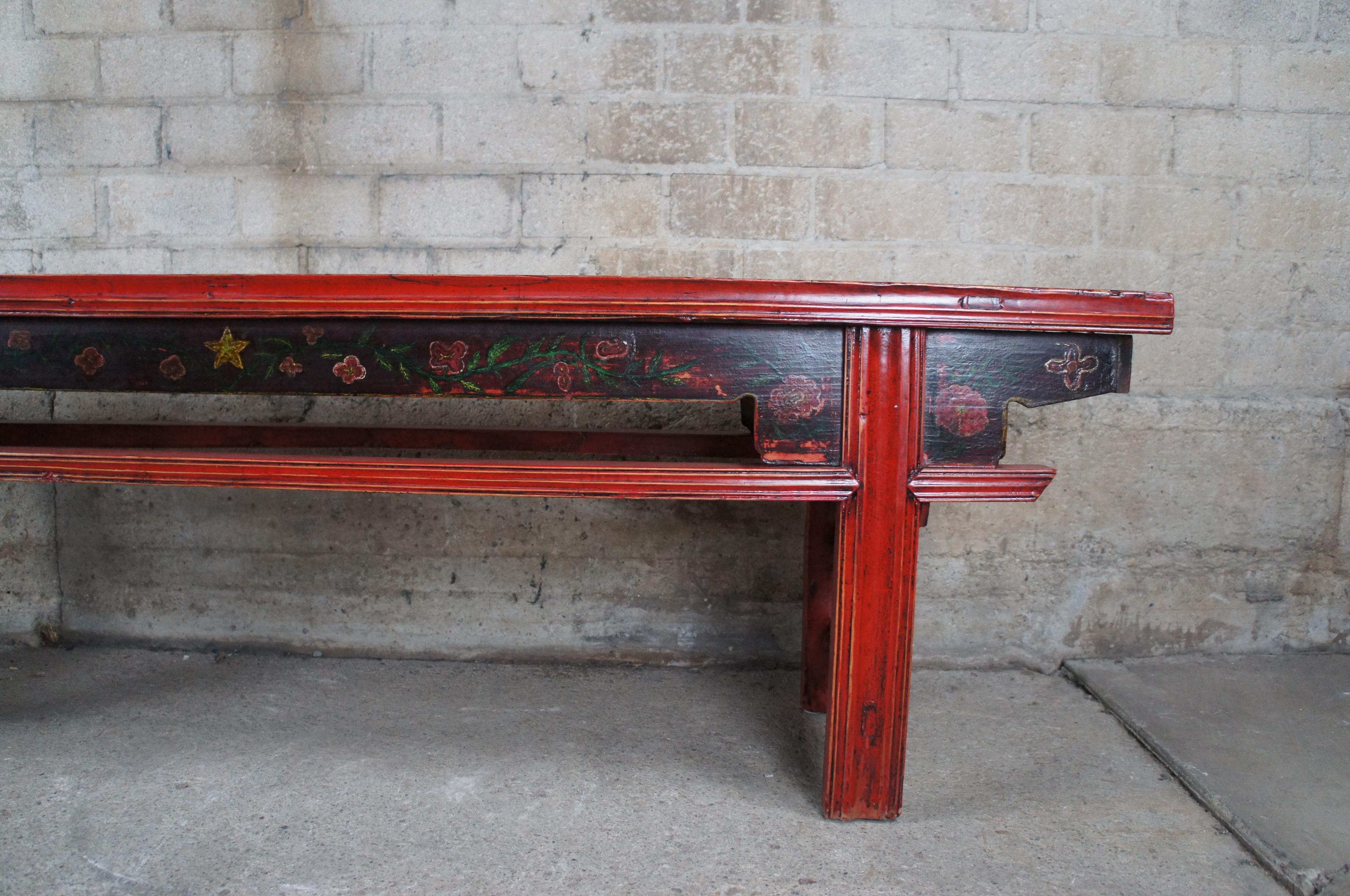 20th Century Chinese Elm Red Lacquer Chinoiserie Altar Hallway Bench Seat Pew For Sale 2