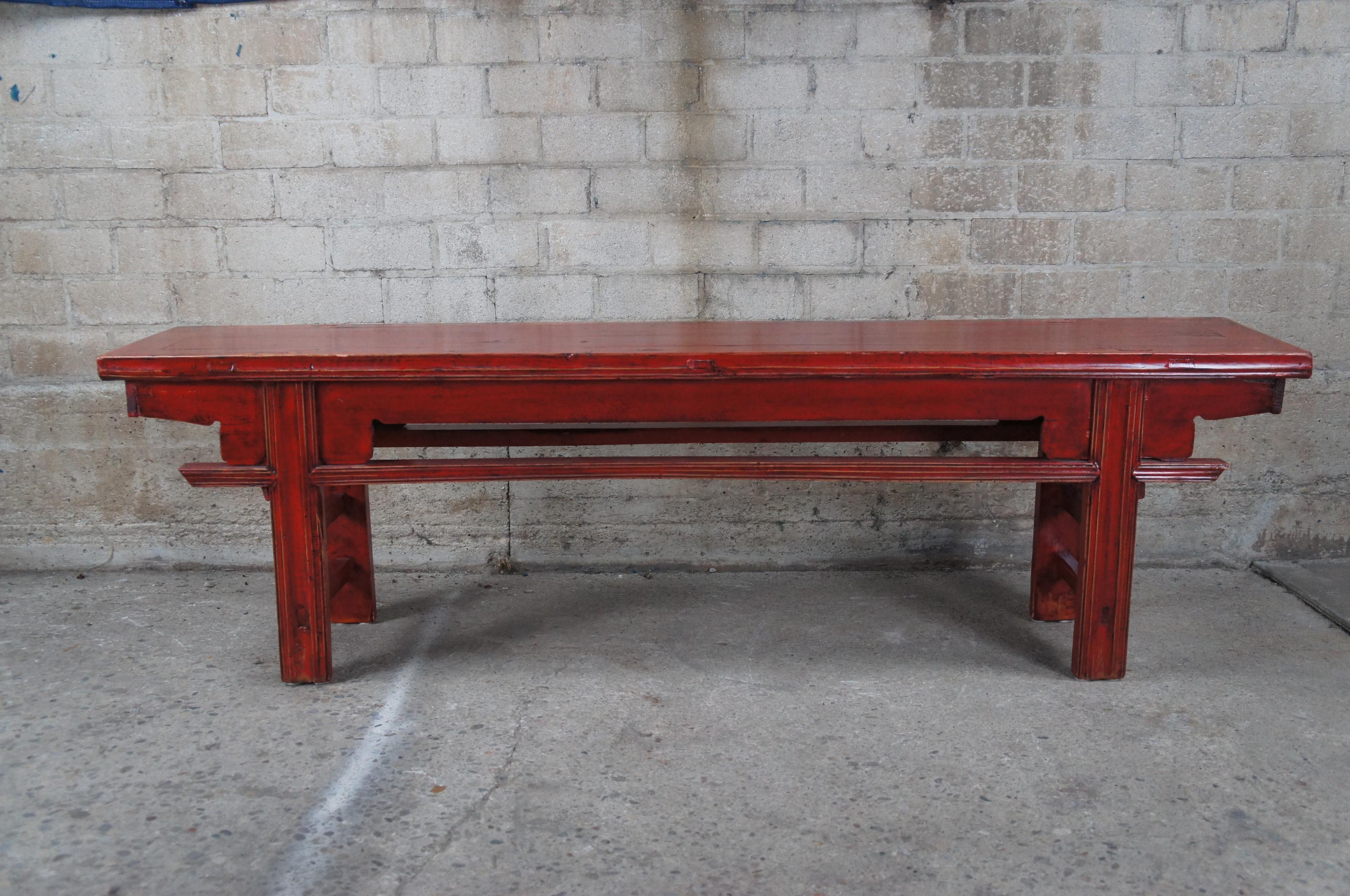 20th Century Chinese Elm Red Lacquer Chinoiserie Altar Hallway Bench Seat Pew For Sale 4