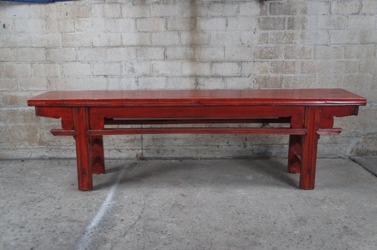 20th Century Chinese Elm Red Lacquer Chinoiserie Altar Hallway Bench ...