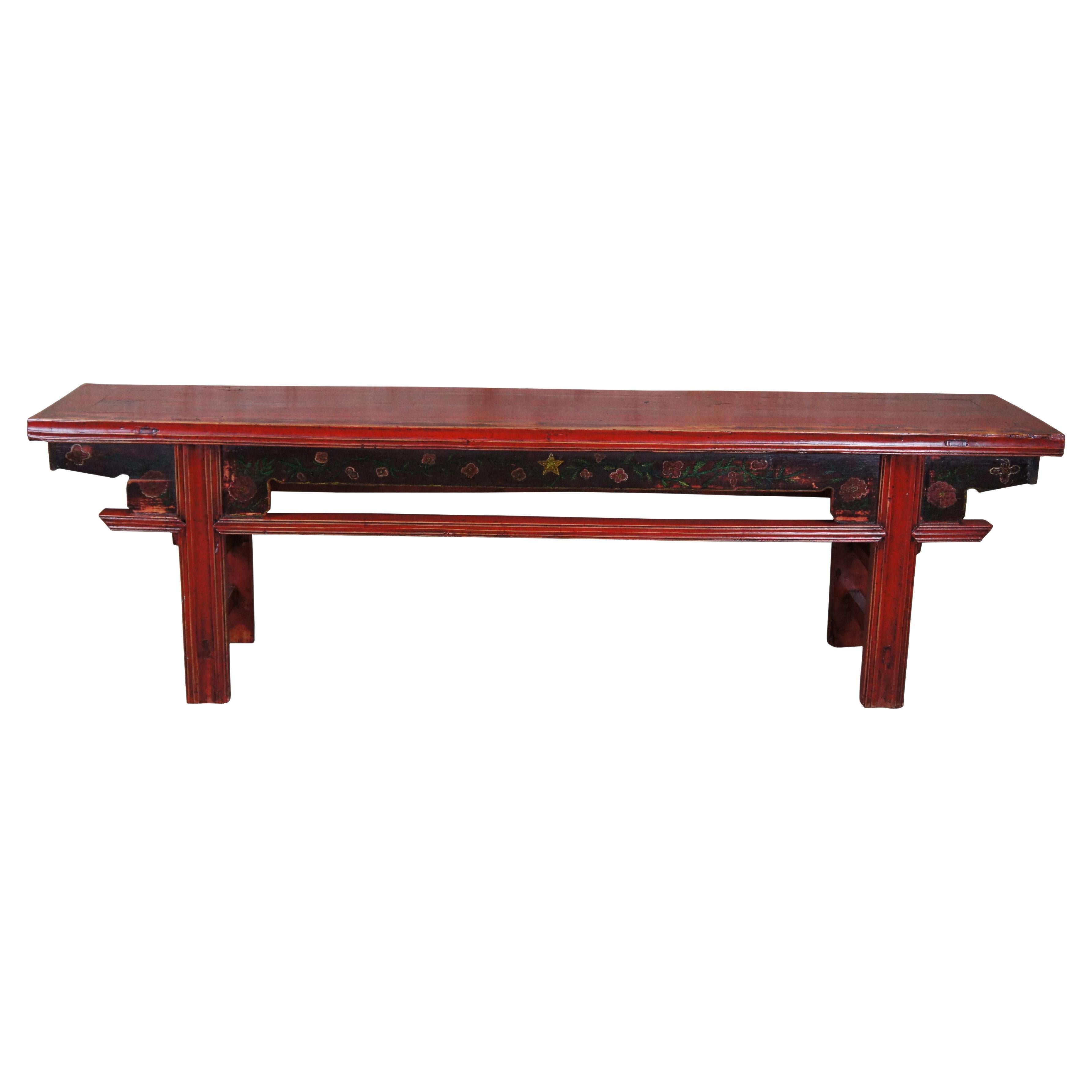 20th Century Chinese Elm Red Lacquer Chinoiserie Altar Hallway Bench Seat Pew For Sale