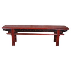 20th Century Chinese Elm Red Lacquer Chinoiserie Altar Hallway Bench Seat Pew