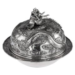 Vintage 20th Century Chinese Export Solid Silver Dragon Muffin Dish, Jia Ji circa 1900