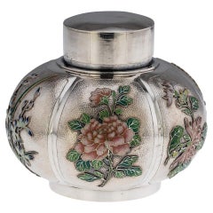 20th Century Chinese Export Solid Silver & Enamel Tea Caddy, Luen Wo, c.1900