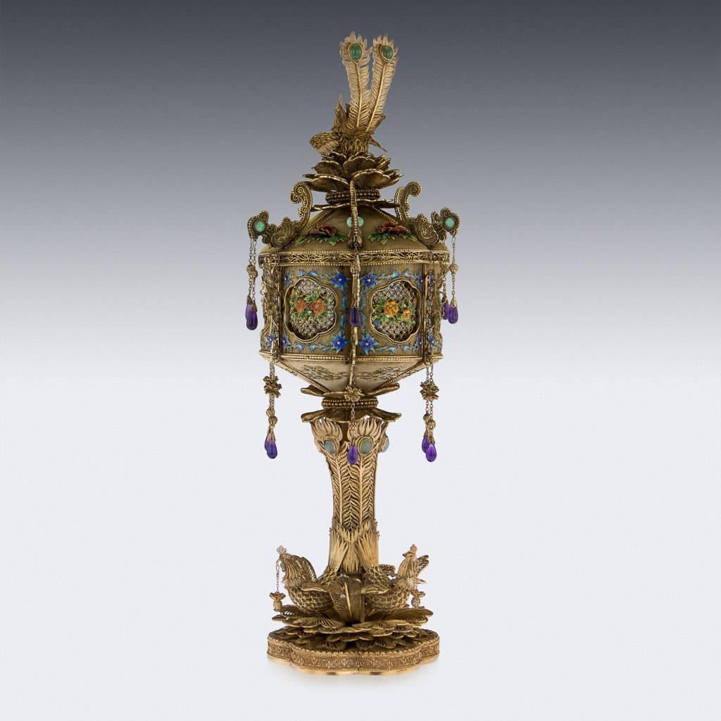 Stunning mid-20th century rare Chinese solid silver-gilt filigree cup and cover, the cup is richly gilded and applies with jade and amethyst cabochons stones. The cup stands proudly on a sexafoil base, with a floral spread upon which three roosters