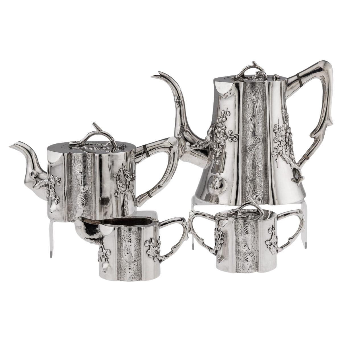 20th Century Chinese Export Solid Silver Four Piece Tea Set, Paosing c.1900 For Sale