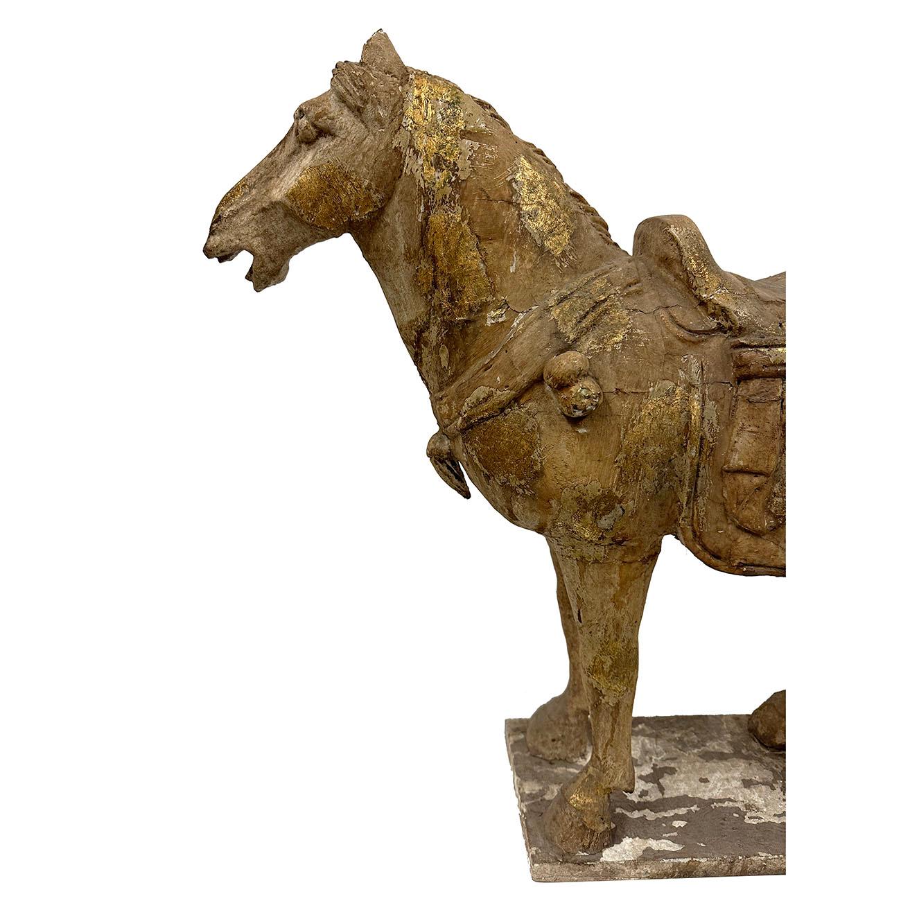 Chinese Export 20th Century Chinese Gilt carved Wooden Tang Horse Sculpture For Sale