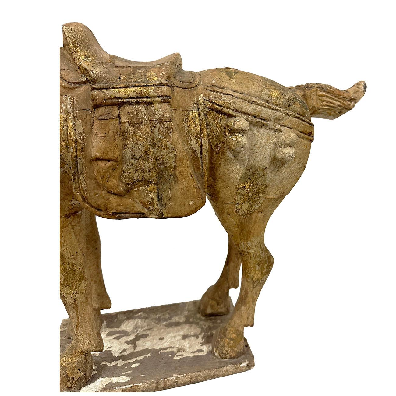 Hand-Carved 20th Century Chinese Gilt carved Wooden Tang Horse Sculpture For Sale