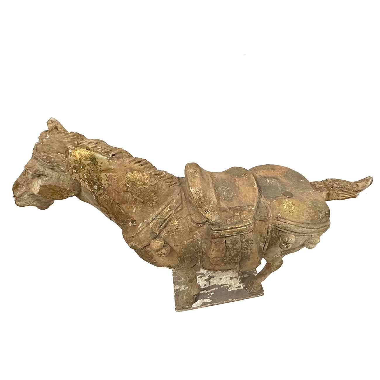 20th Century Chinese Gilt carved Wooden Tang Horse Sculpture In Distressed Condition For Sale In Pomona, CA