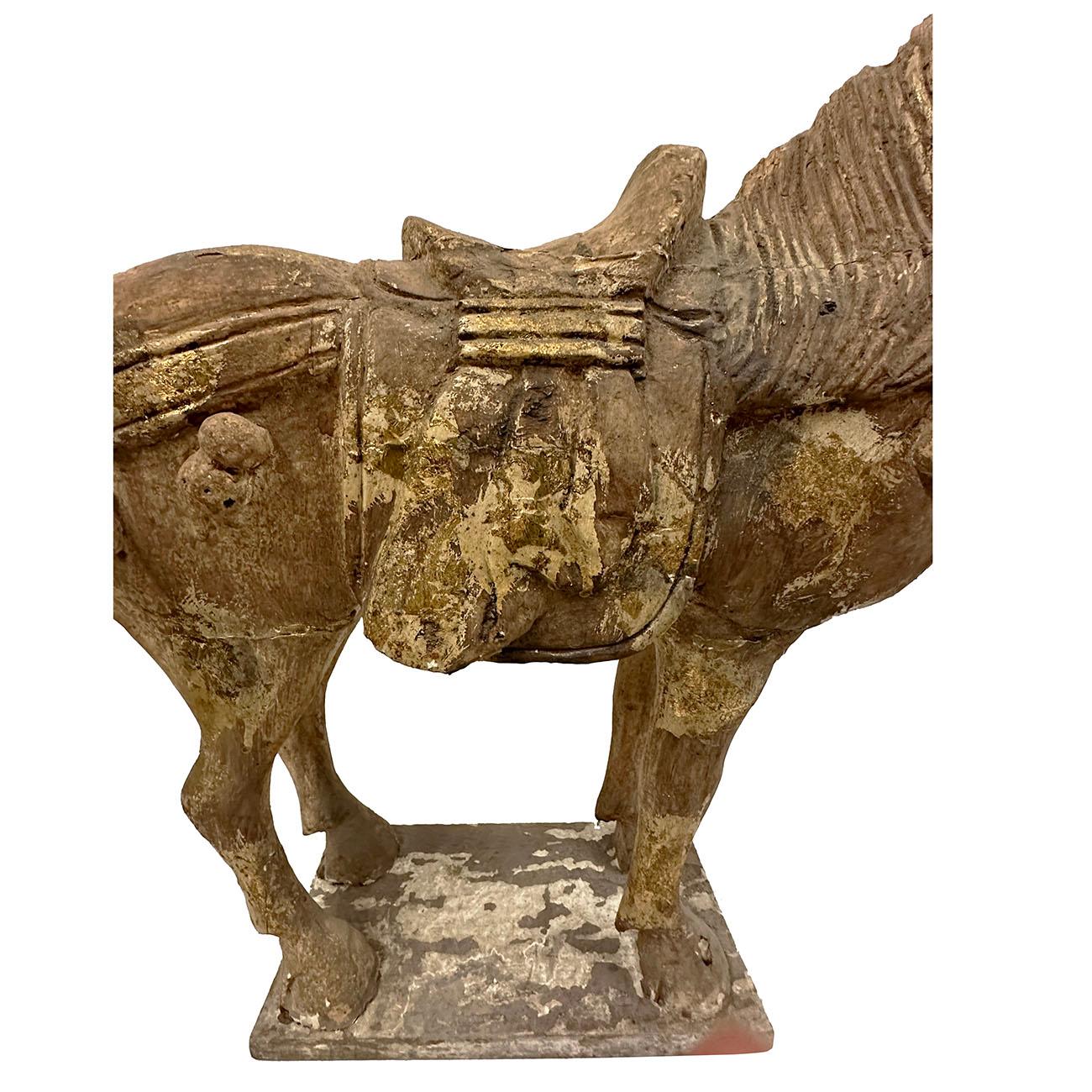20th Century Chinese Gilt carved Wooden Tang Horse Sculpture For Sale 3