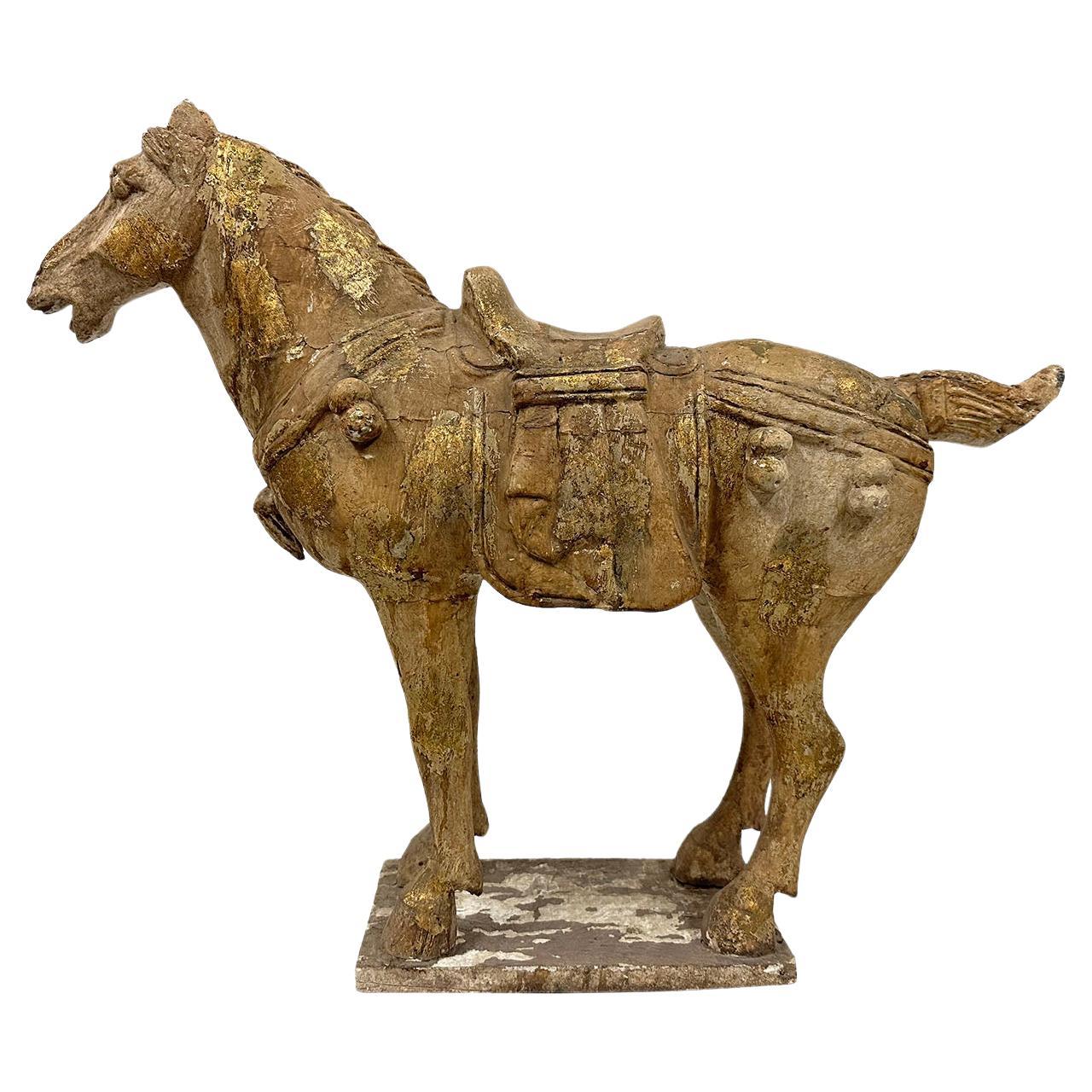 20th Century Chinese Gilt carved Wooden Tang Horse Sculpture For Sale