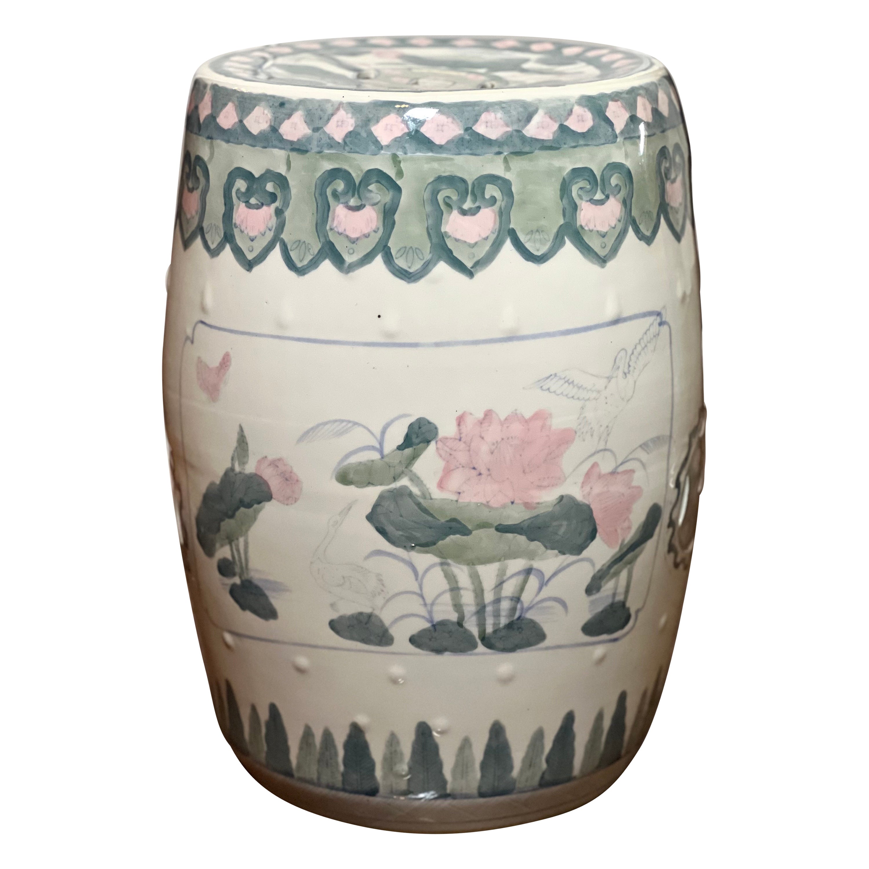 20th Century Chinese Hand-Painted Ceramic Pastel Garden Stool or Side Table