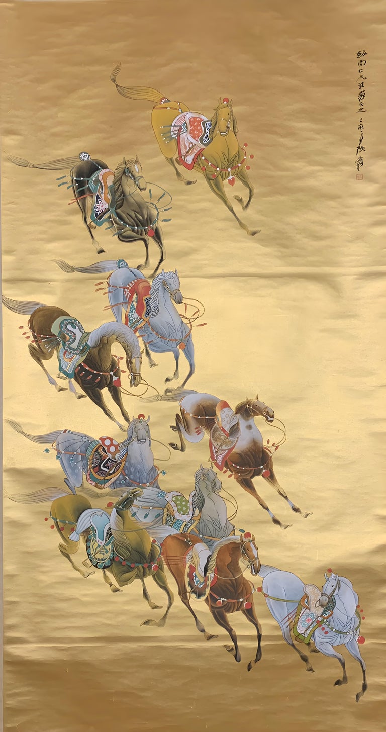 20th Century Chinese Hand Painted Paper Scroll of Ten Noble Running ...