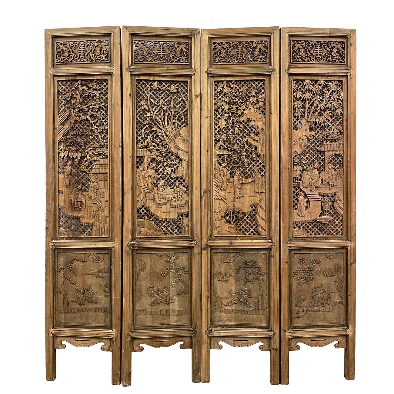 This is a set of 4 Panels Chinese antique open carved wooden panels which used to be the interior divider/door panels in ancient China that are put together to make into a screen. Screens have been known to grace the rooms of wealthy Chinese homes