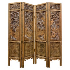 20th Century Chinese Handcrafted 4 Panels Camphor Wood Screen/Room Divider