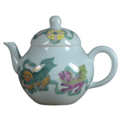 Vintage 20th Century Chinese Handmade Porcelain Teapot Featuring Lions Playing Balls