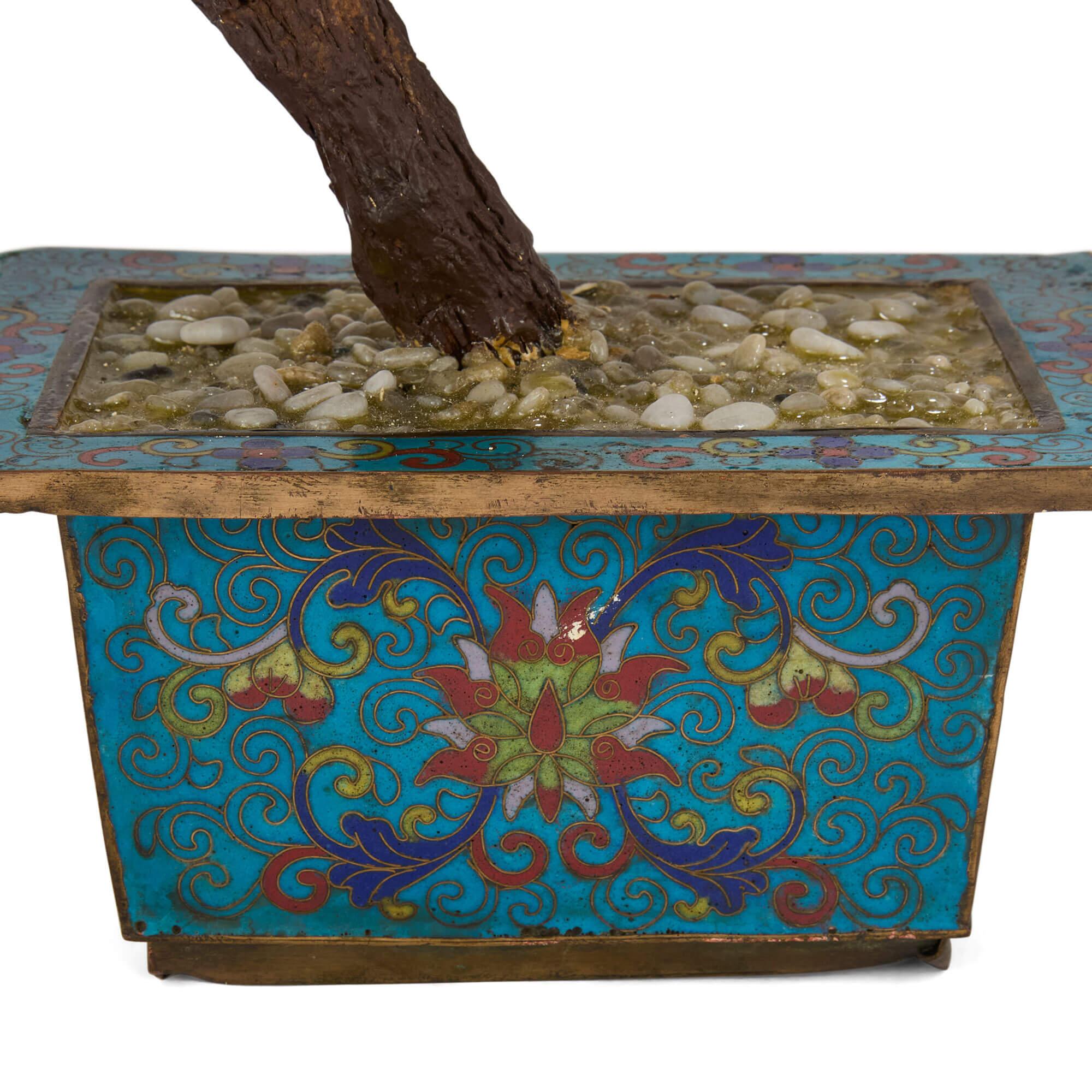 Beaded 20th Century Chinese Hardstone Flowering Tree in a Cloisonné Planter For Sale