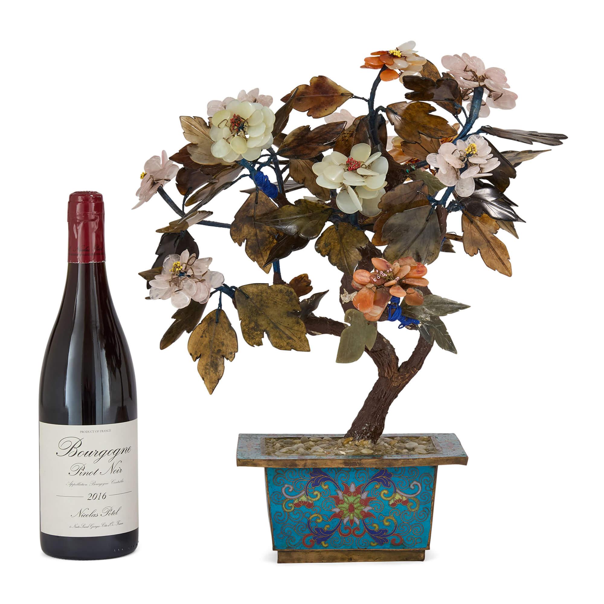 20th Century Chinese Hardstone Flowering Tree in a Cloisonné Planter For Sale 2