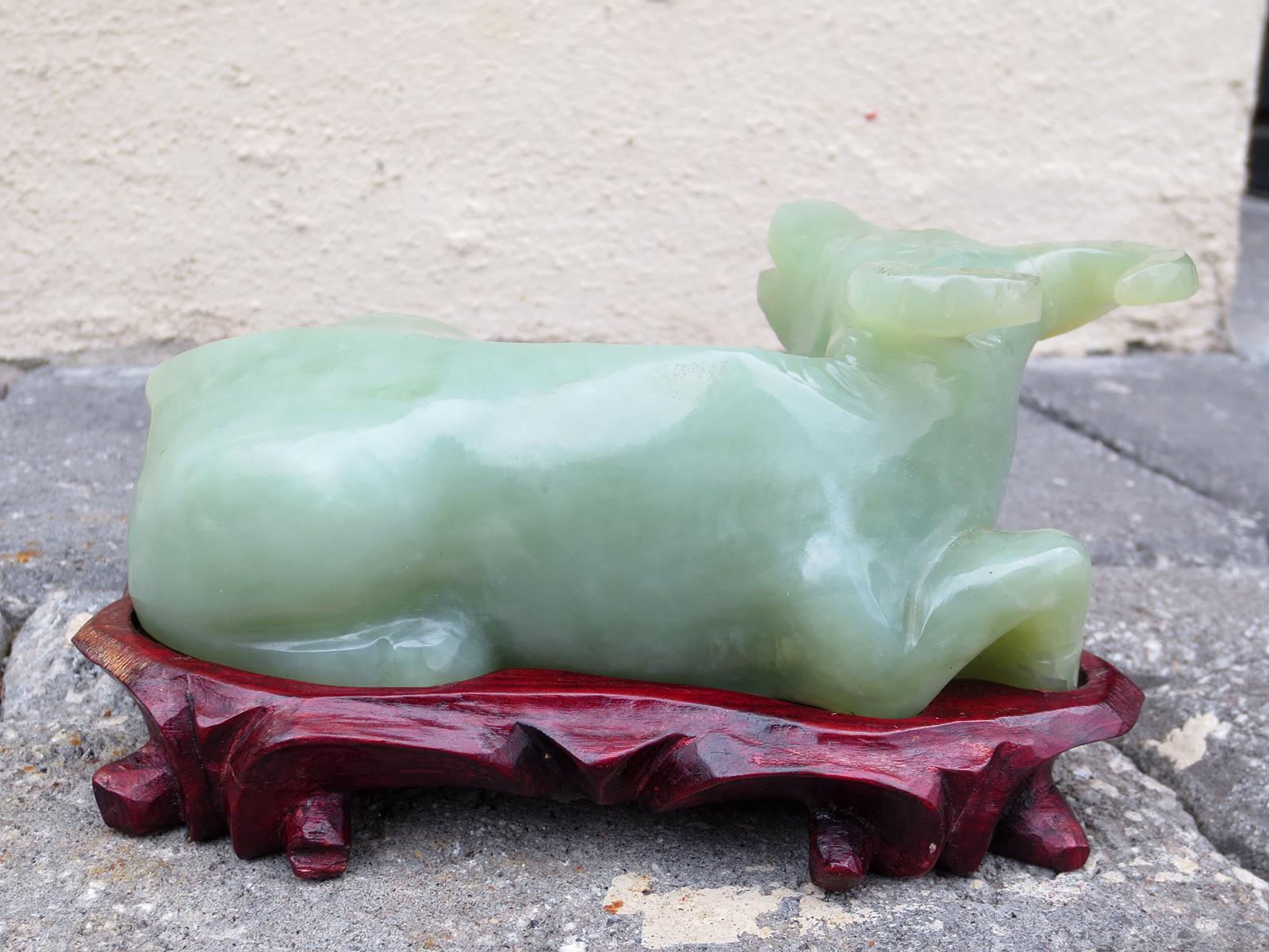20th Century Chinese Jade Water Buffalo on Wooden Stand In Good Condition For Sale In Atlanta, GA