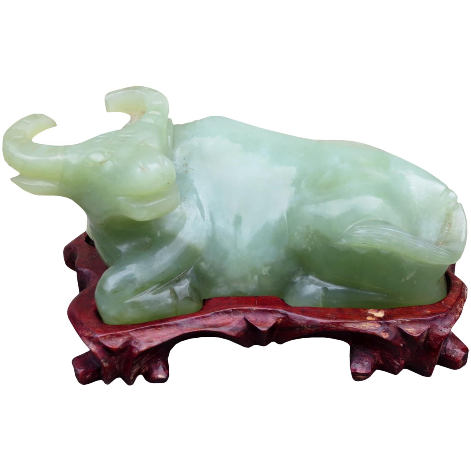 20th Century Chinese Jade Water Buffalo on Wooden Stand For Sale