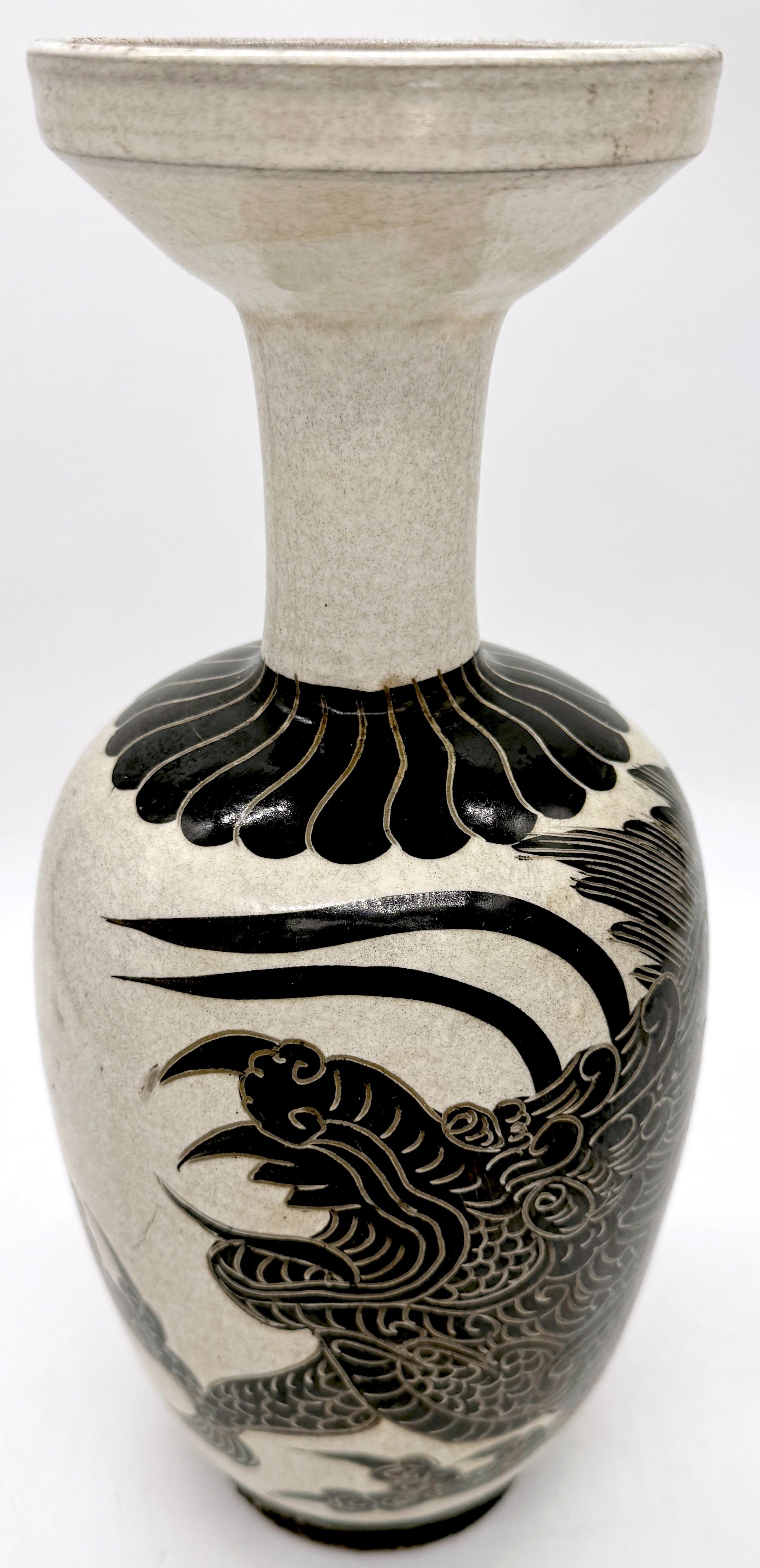 20th-century Chinese Jizhou Kiln-Style Dragon Motif Vase 
China, 20th Century Example

This 20th-century Chinese Jizhou Kiln-style dragon motif vase is a refined and elegant example of traditional Chinese craftsmanship. Standing 13 inches high with