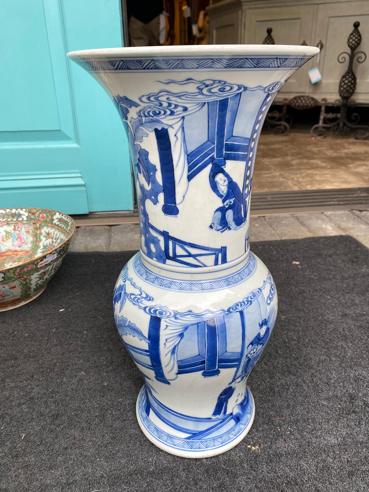 Ceramic 20th Century Chinese Kangxi Style Blue & White Gu Form Vase, Six Character Mark For Sale