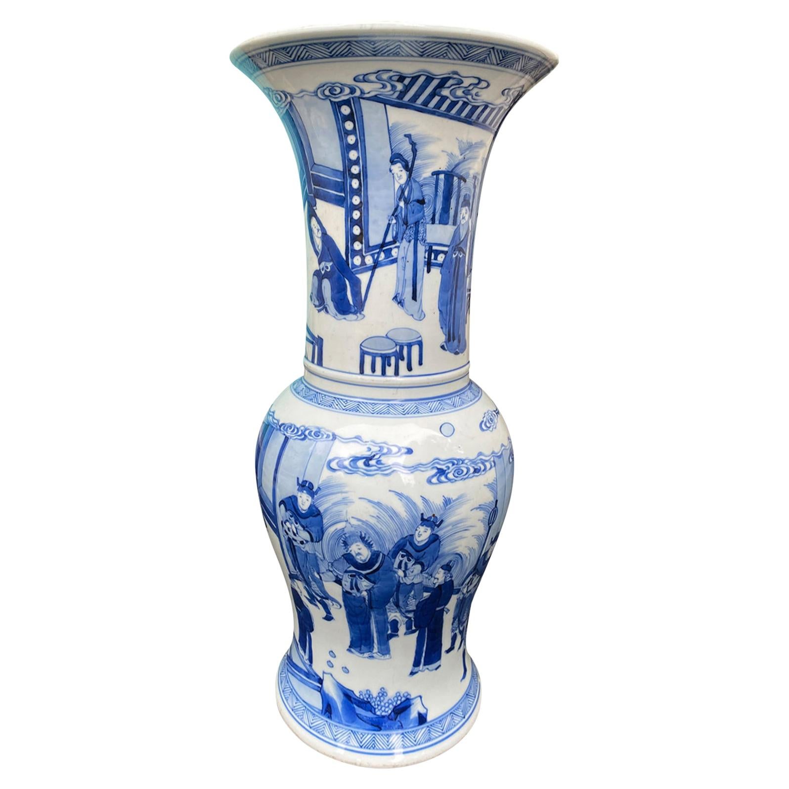 20th Century Chinese Kangxi Style Blue & White Gu Form Vase, Six Character Mark