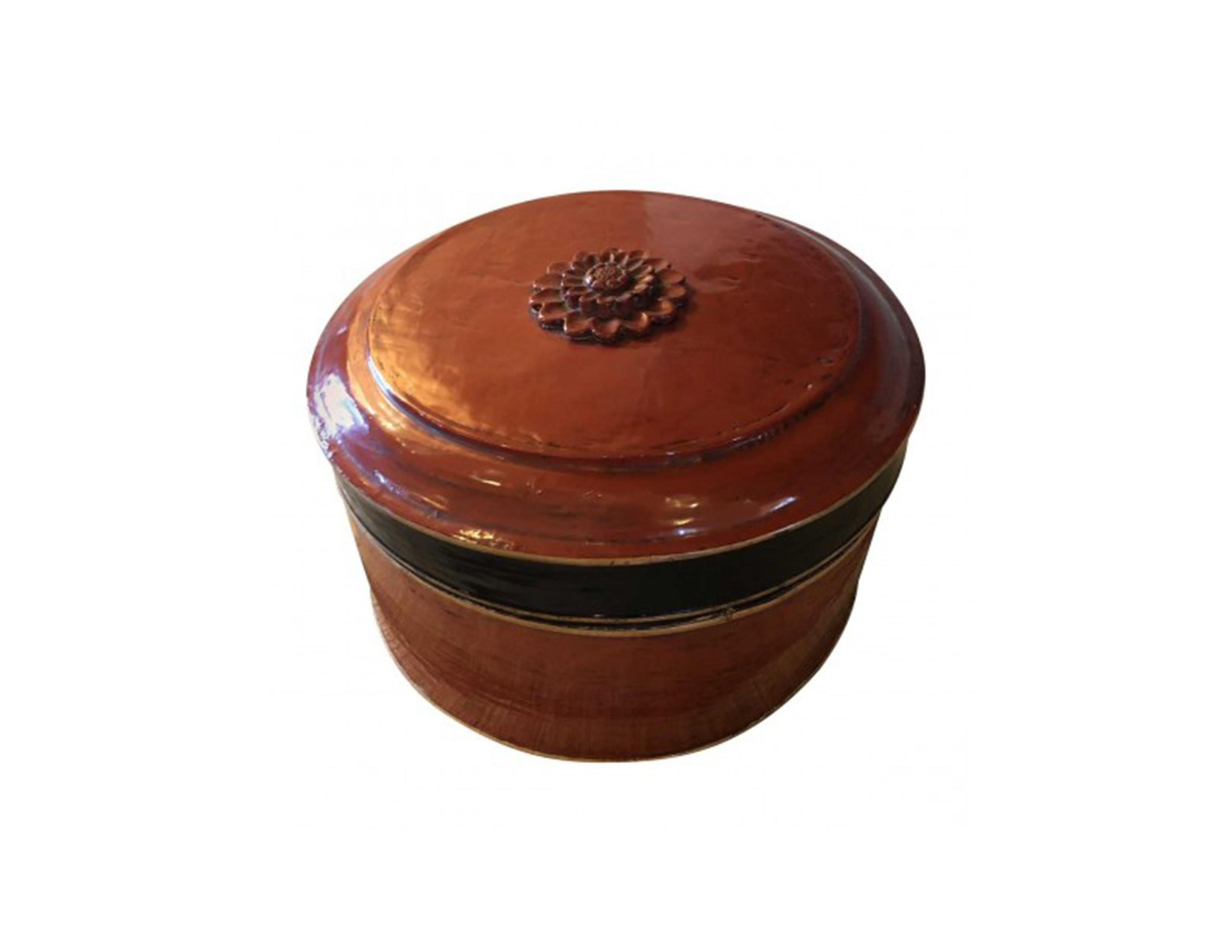 Red lacquer. The first is round with a lid and black paint and parcel gilt banded detail. The second is of basket form with parcel gilt handle and iron lock.
