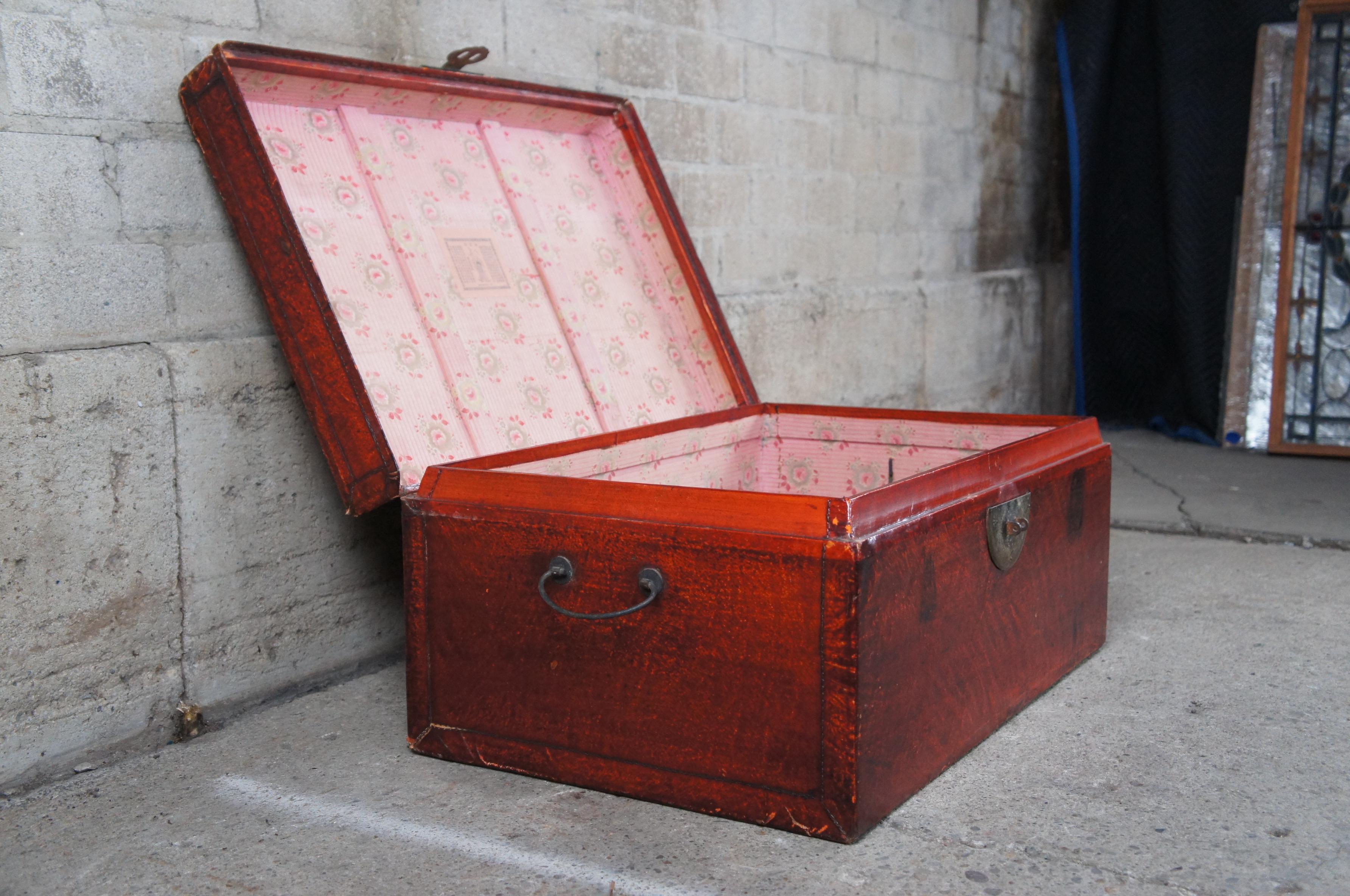20th Century Chinese Lacquered Red Leather Ming Style Trunk Blanket Chest For Sale 6