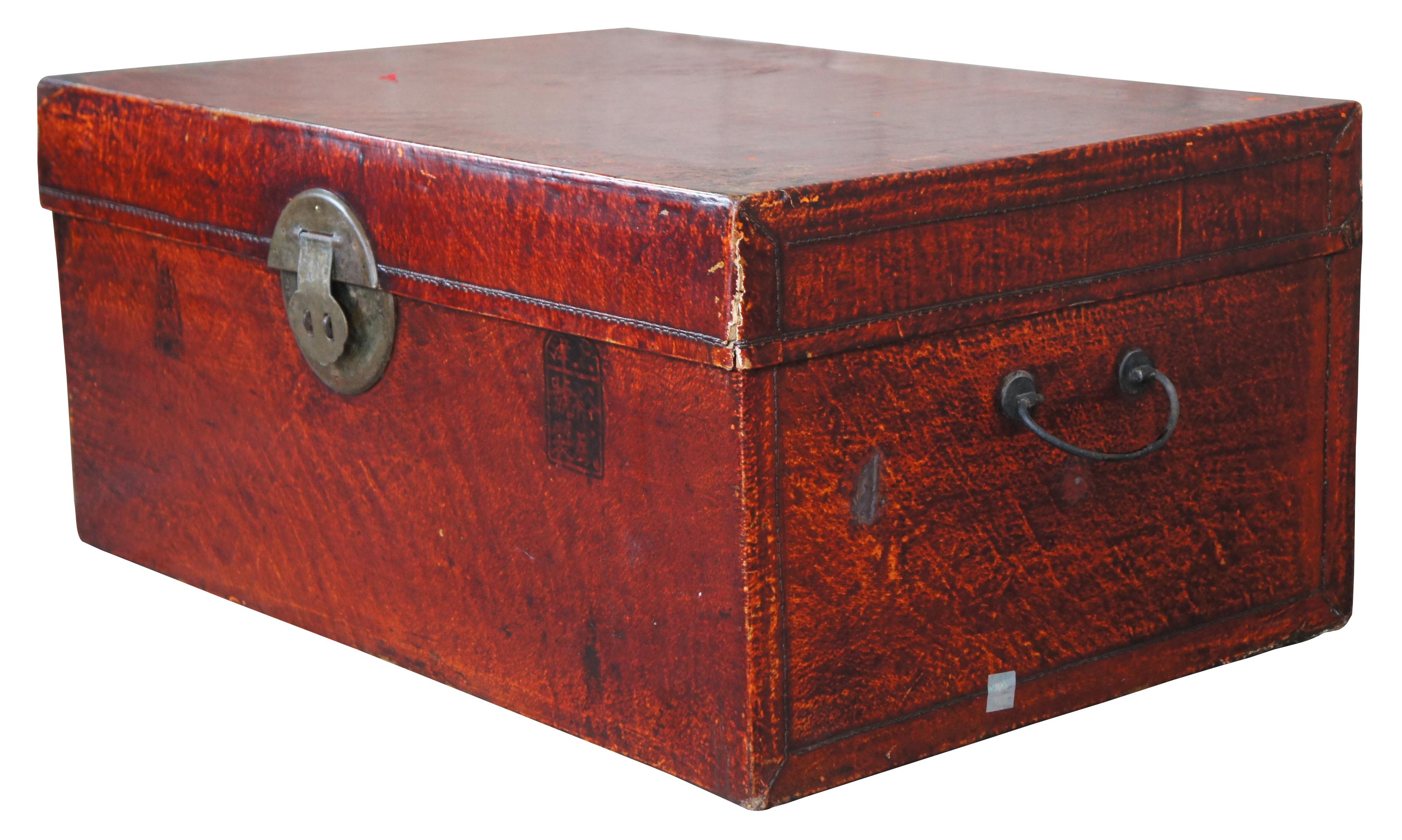 Chinoiserie 20th Century Chinese Lacquered Red Leather Ming Style Trunk Blanket Chest For Sale