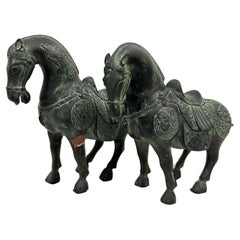 20th Century Chinese Pair of Bronze Tang Horses/War Horses