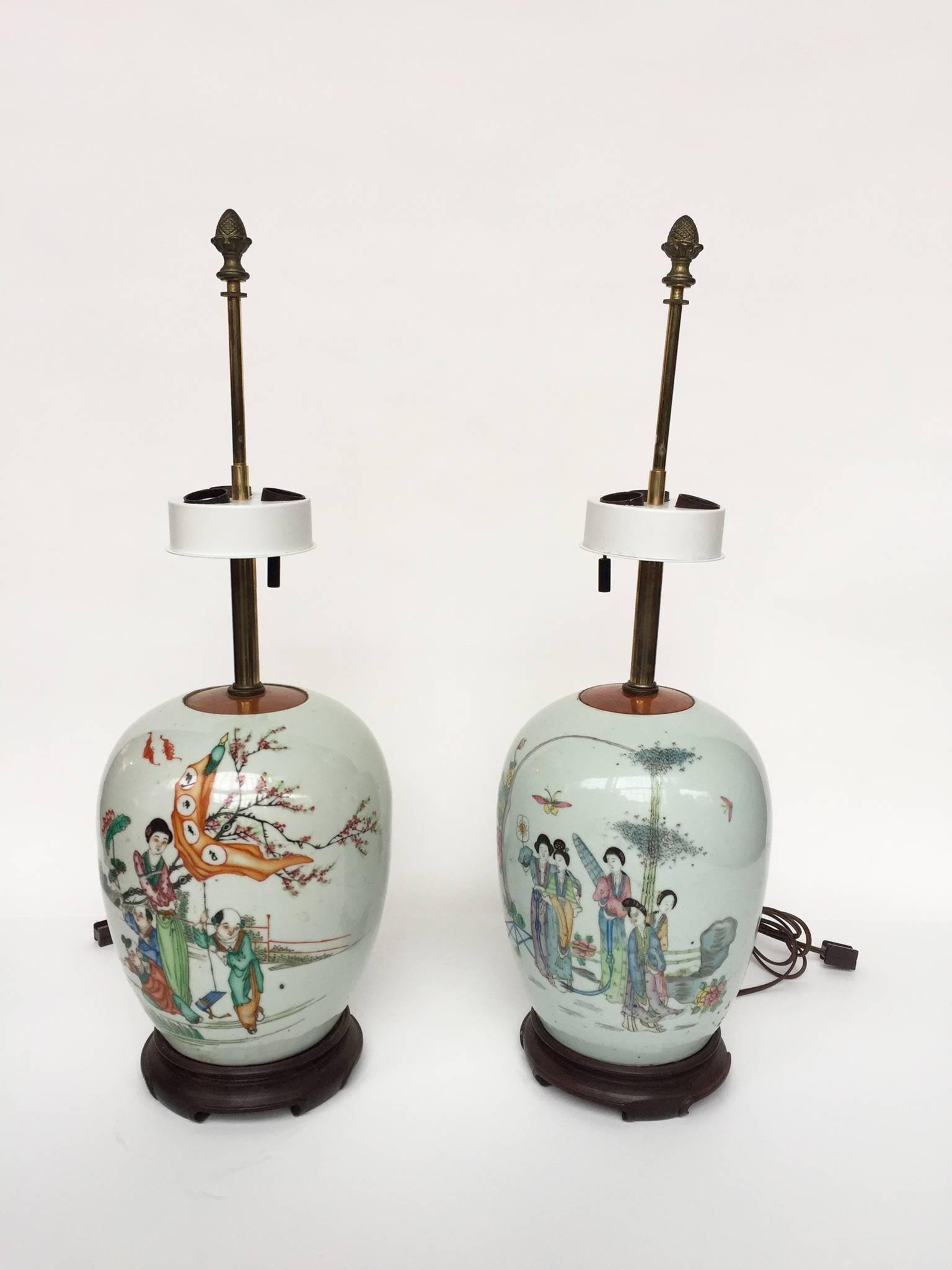 Hand-Painted 20th Century Chinese Porcelain Table Lamps, Pair