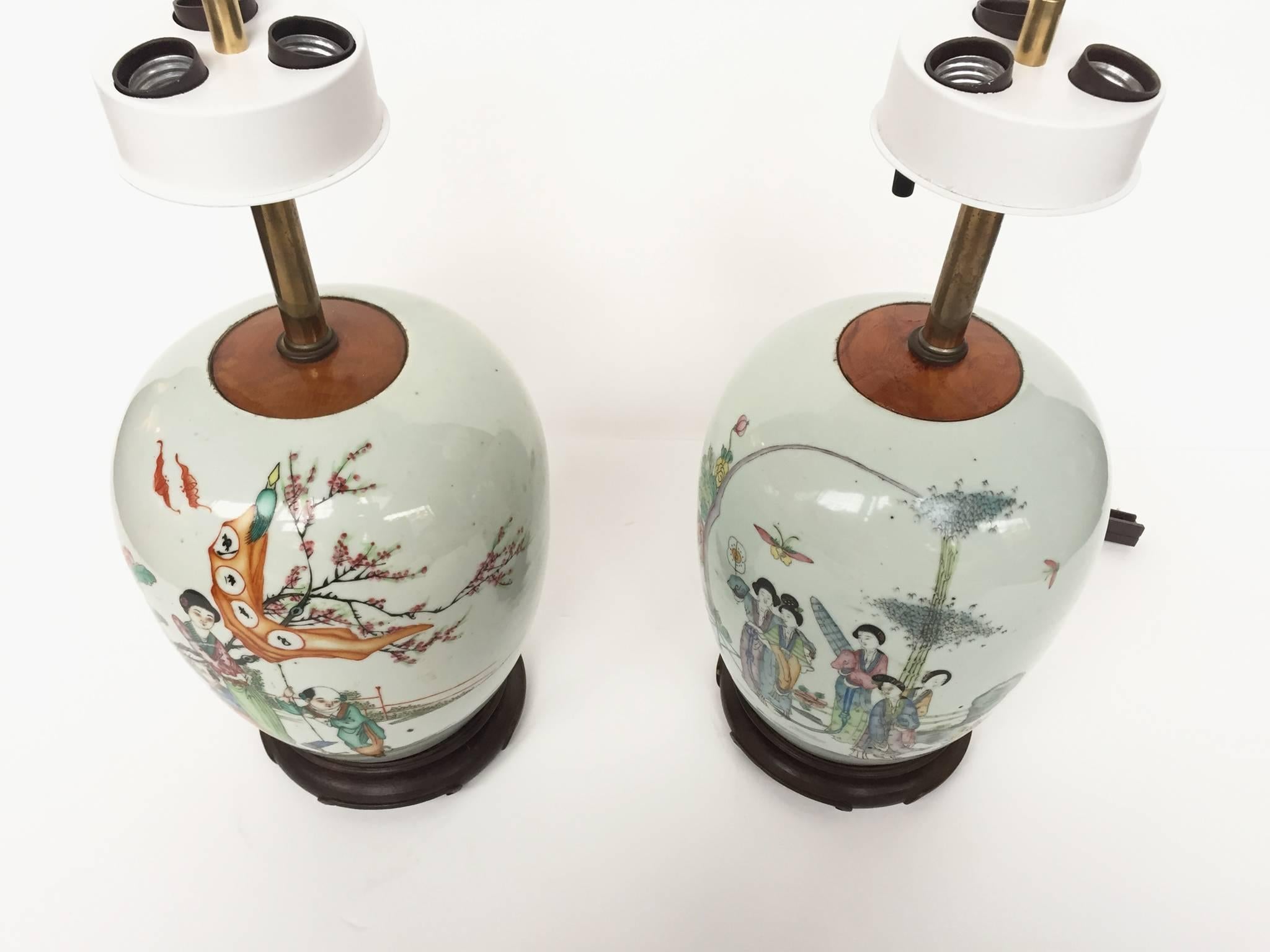 Brass 20th Century Chinese Porcelain Table Lamps, Pair