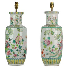 20th Century Chinese Porcelain Vases PRoC Lamp Fenghuang Bird Vases Roses, Pair