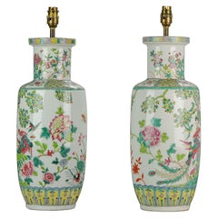 20th Century Chinese Porcelain Vases PRoC Lamp Fenghuang Bird Vases Roses, Pair