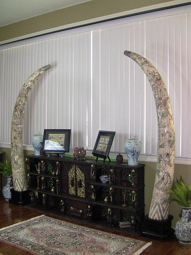 20th Century Chinese Profusely Hand-Carved Faux Elephant Tusks, a Pair 3