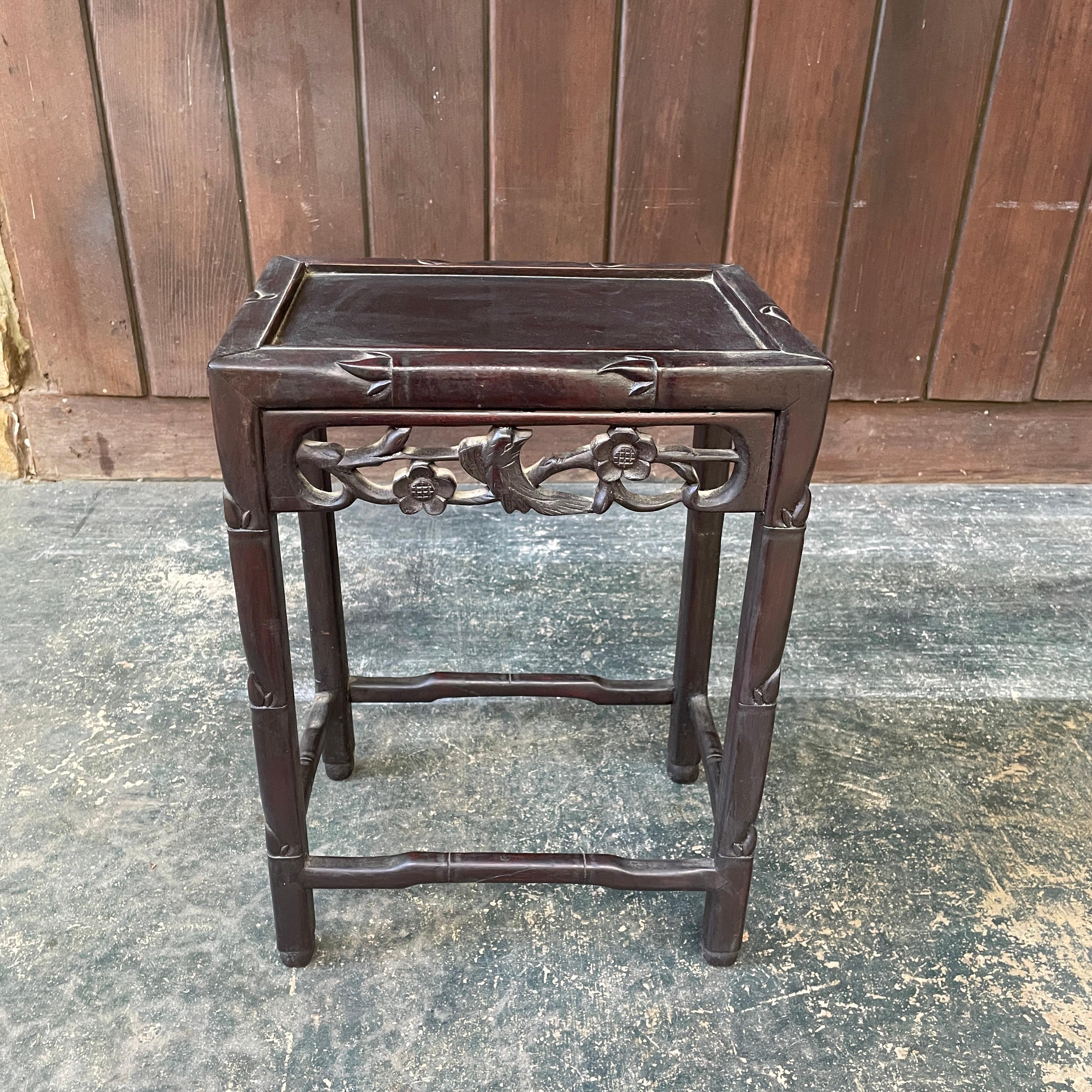 Very early 20th century Hognmu petite stand/side/accent table, ornate but understated, blackened hardwood, possibly rosewood.  Overall slightly askew but fully functional and level to perch lighter items, and not loose. Last two images are