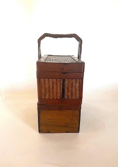 20th Century Chinese Rattan Double Tier Lunch Basket with Tripartite Handle