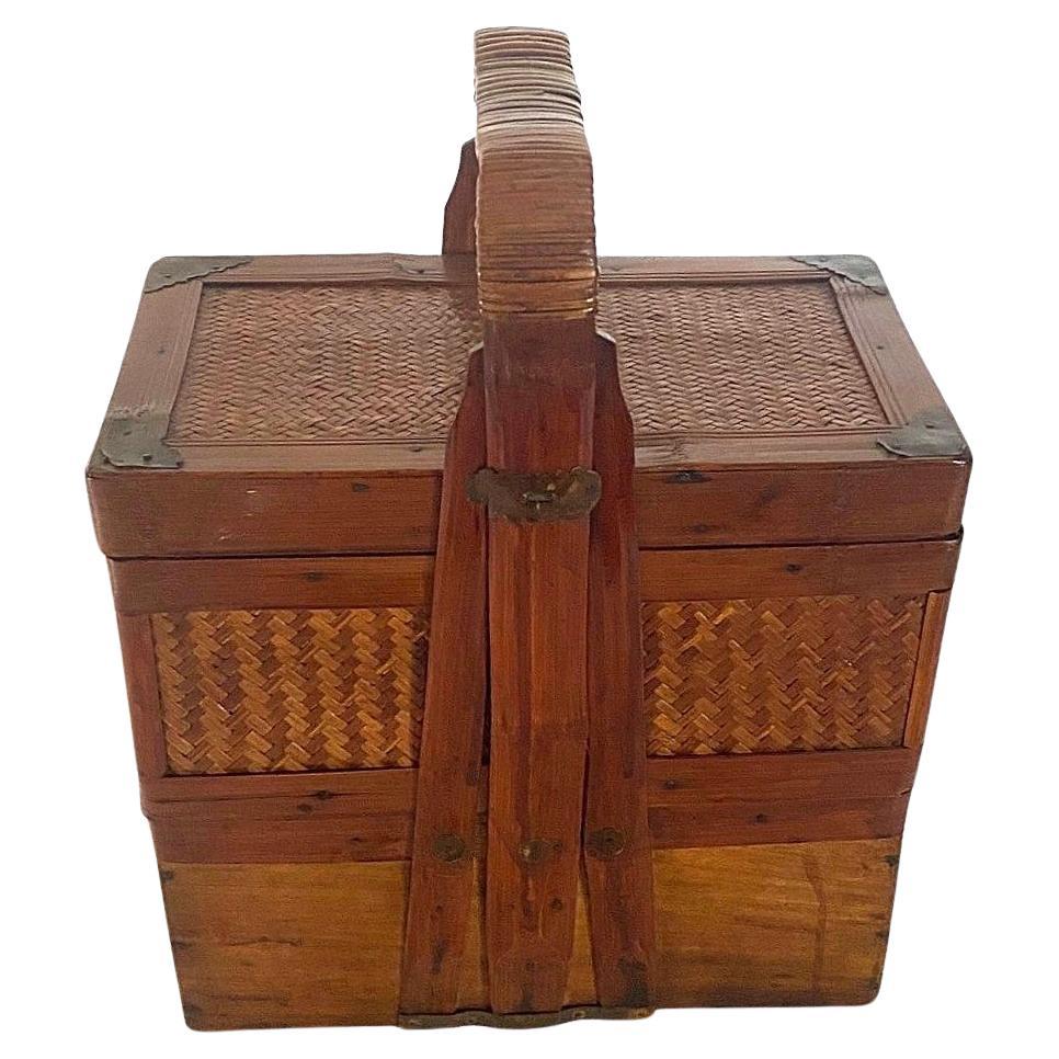 20th Century Chinese Rattan Double Tier Lunch Basket with Tripartite Handle For Sale