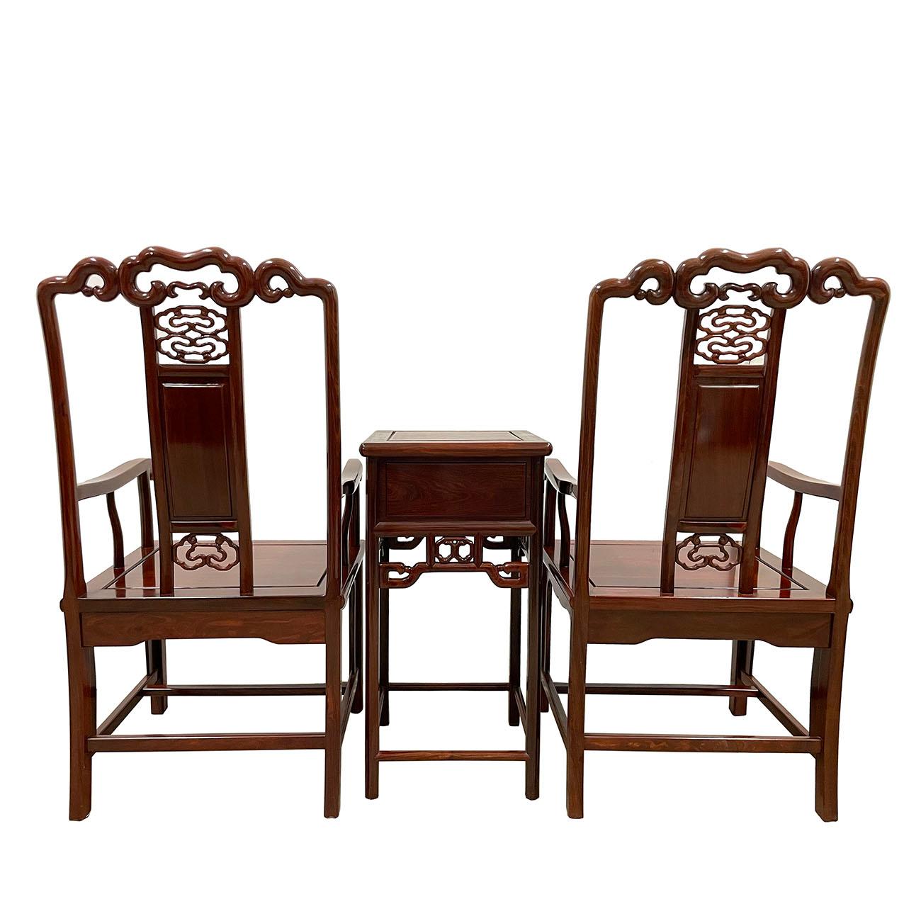 20th Century Chinese Rorsewood Carved Armchairs Set For Sale 9