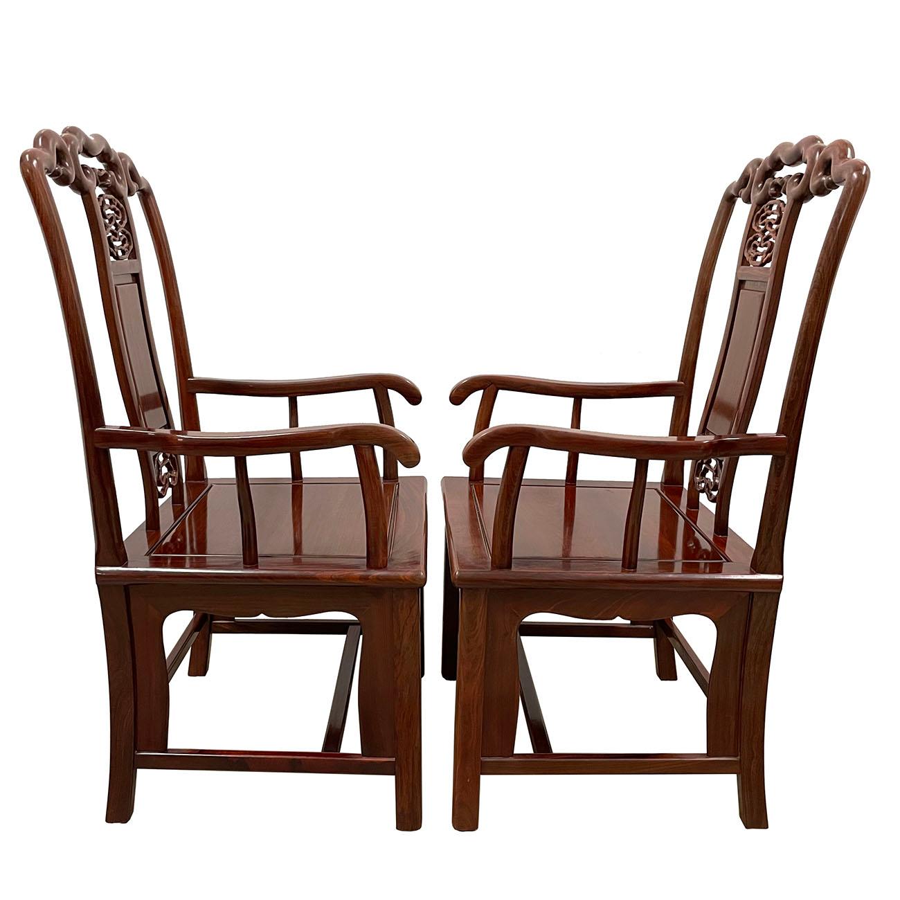 Hand-Carved 20th Century Chinese Rorsewood Carved Armchairs Set For Sale