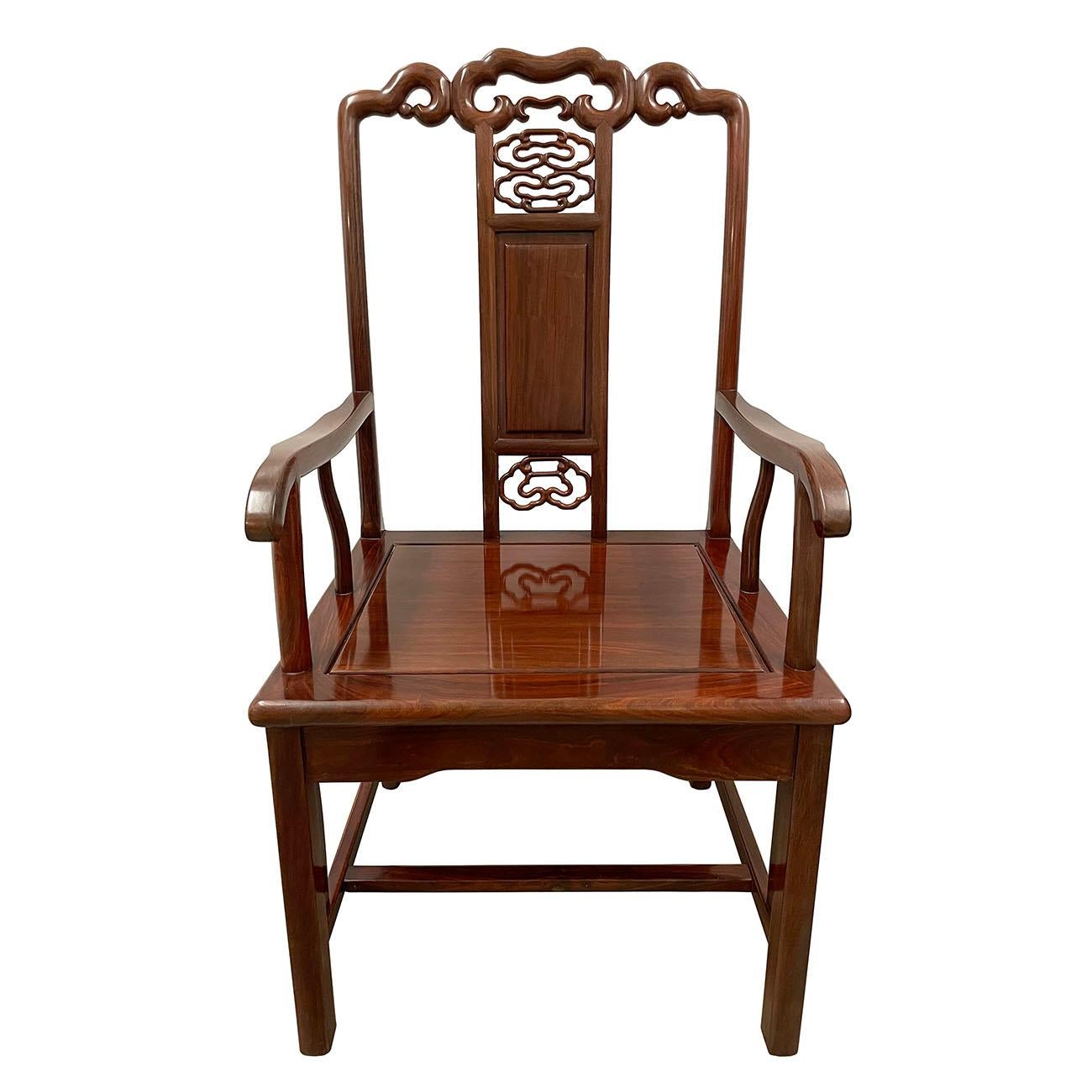 20th Century Chinese Rorsewood Carved Armchairs Set In Good Condition For Sale In Pomona, CA