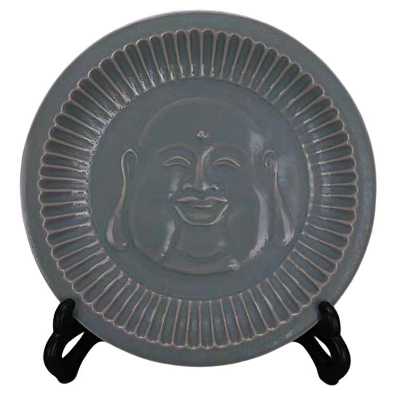 20th Century Chinese Ru Kiln Celadon Engraving Smiling Buddha Head Plate