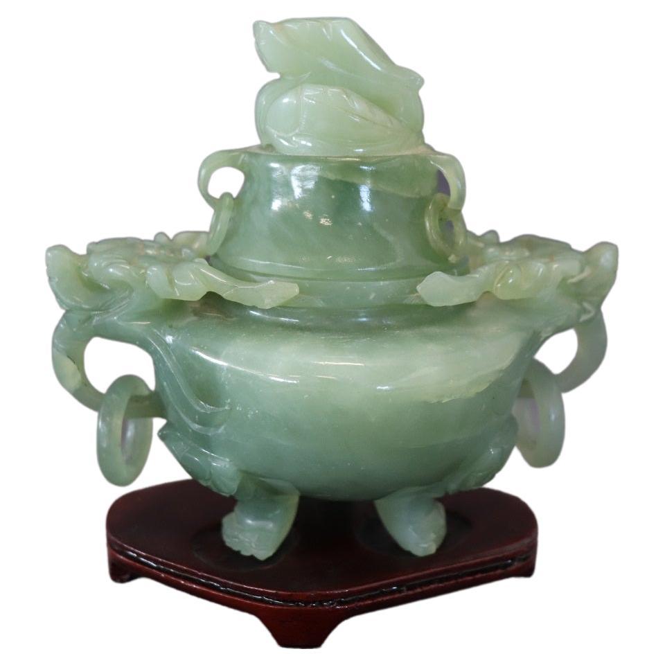 20th Century Chinese Sculpture, Censer in Carved Jade For Sale