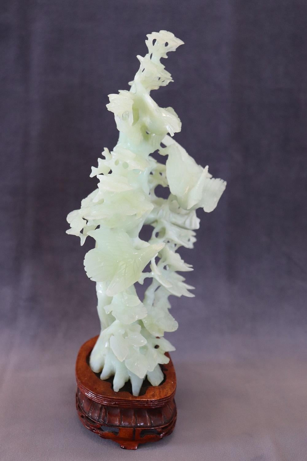 20th Century Chinese Sculpture, Tree with Birds in Carved Jade For Sale 2