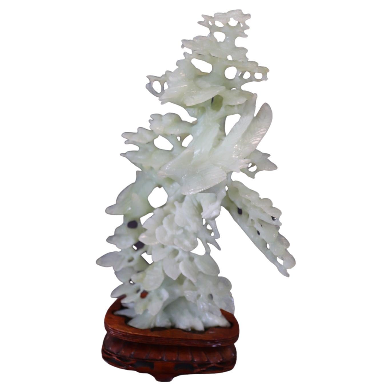 20th Century Chinese Sculpture, Tree with Birds in Carved Jade For Sale