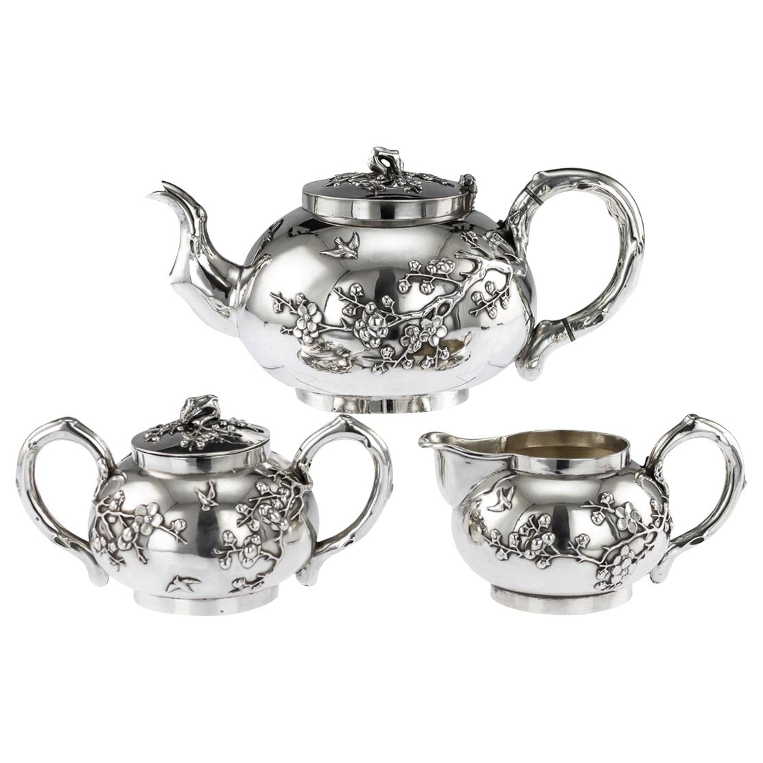 20th Century Chinese Silver Cherry Blossom Tea Set, Chong Woo, circa 1900