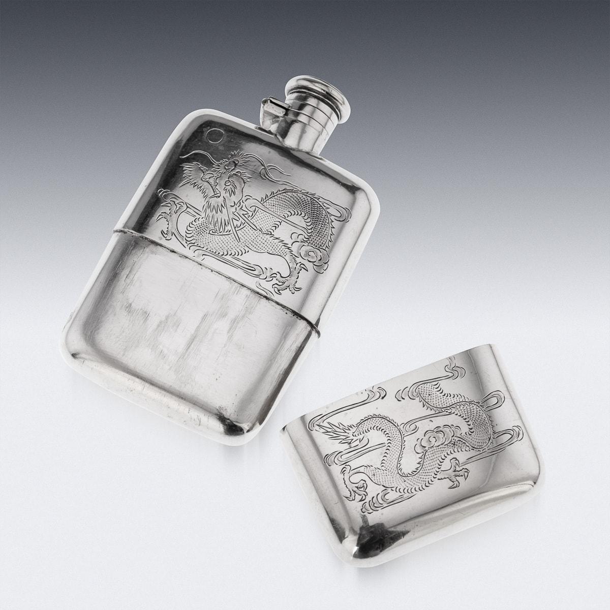 A stunning early 20th Century Chinese Export solid silver hip flask with silver hinged top and removable cup. This flask has an outer design featuring a Chinese dragon. Dragons in Chinese culture symbolise great power, good luck and strength. They