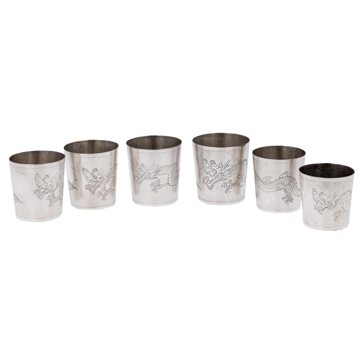20th Century Chinese Solid Silver Set Of 6 Stackable Cased Cups, c.1920 For Sale