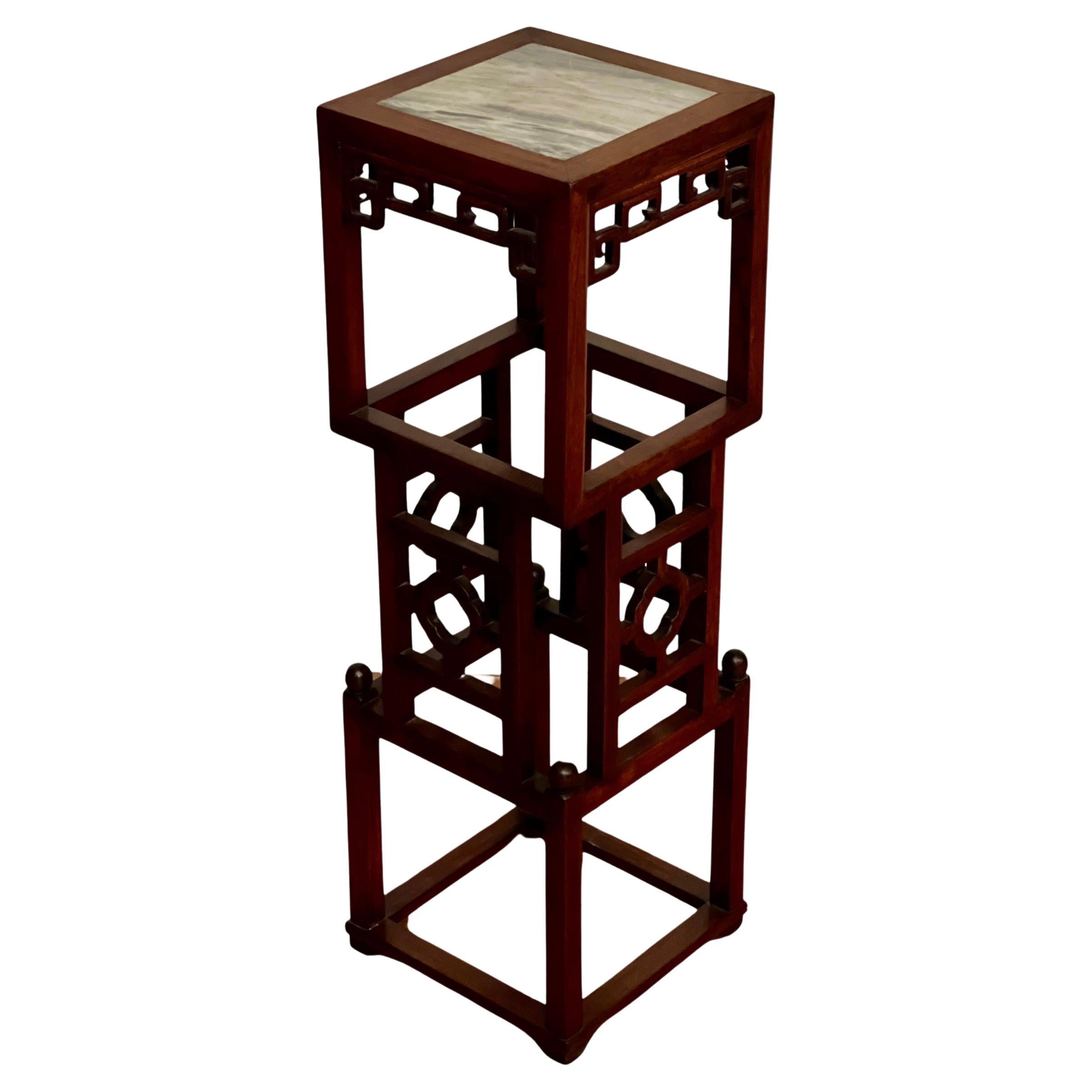 20th Century Chinese Square Carved Rosewood Pedestal Stand with Marble Top
